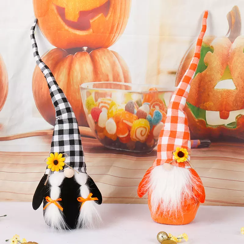 丰收节跨境新品向日癸无脸娃娃摆件格子长帽侏儒公仔感恩节装饰品