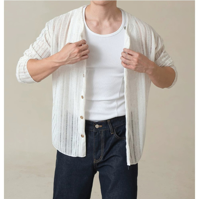Autumn white stylish round-neck knitted cardigan for men, new Korean version, trendy and versatile with hollow-out design, sun-protective top Autumn white stylish round-neck knitted cardigan for men, new Korean version, trendy and versatile with hollow-out design, sun-protective top