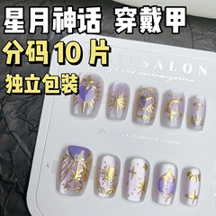 紫色魔鏡粉立體鎏金二次元貓眼穿戴甲夢幻甜美顯白星月美甲10片裝