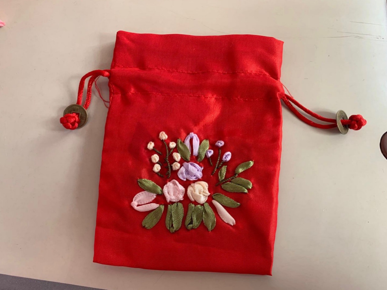 红色铜钱小抽包 手工丝带绣花 喜庆 婚庆