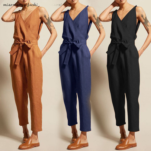 Women's Casual V-Neck Belted Combo: Extra Large Women's Pants with Elegant Workwear One-Piece Suit