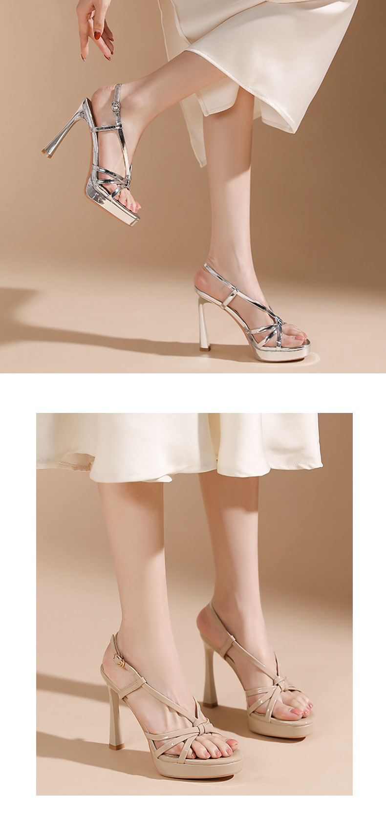 Sandal cao gót nữ hở mũi quai ngang một chữ, gót nhọn 9 cm, đế platform, phong cách tiên nữ — màu nude chi tiết 7