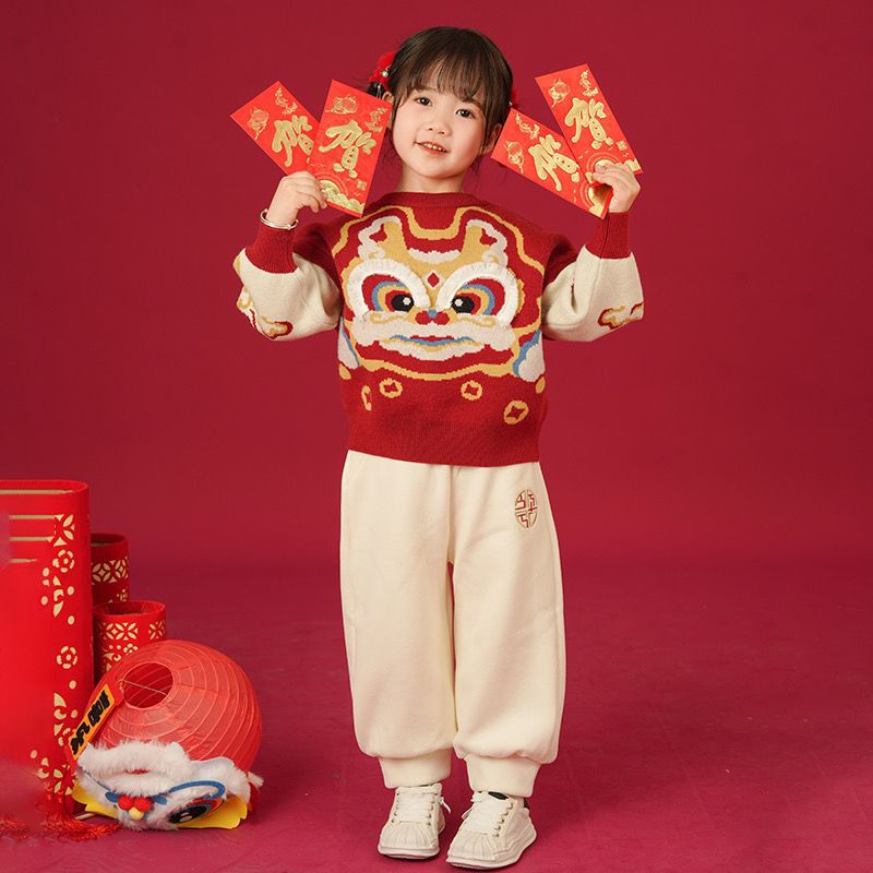 어린이 신년 의류 세트 2023 년 새 소년 소녀 니트 스웨터 드래곤 투피스 세트