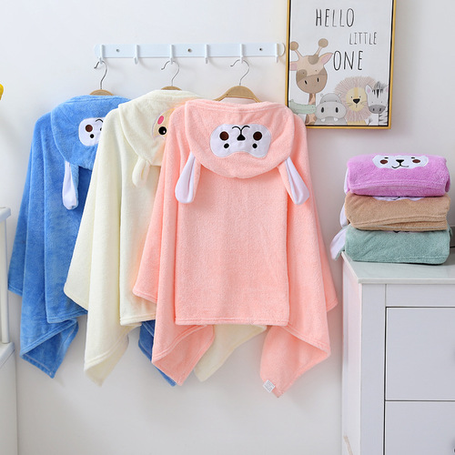 Cross-border large soft absorbent cartoon baby wearable hooded coral fleece blanket children's bath towel
