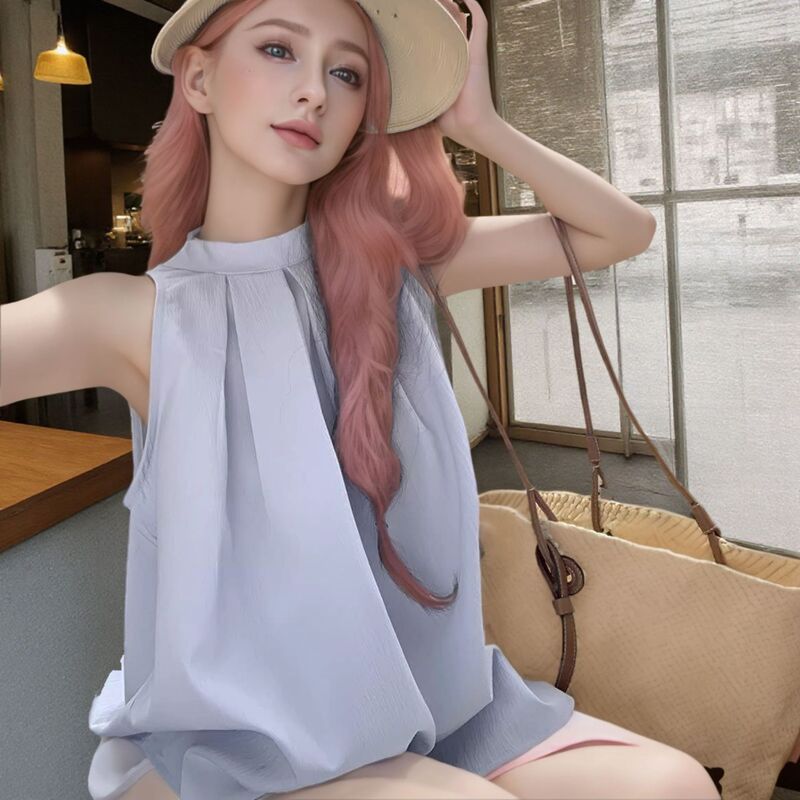 Cross-border 2024 New French Sleeveless Neck Shirt Women's Summer Design Chic Pleated Top for Foreign Trade