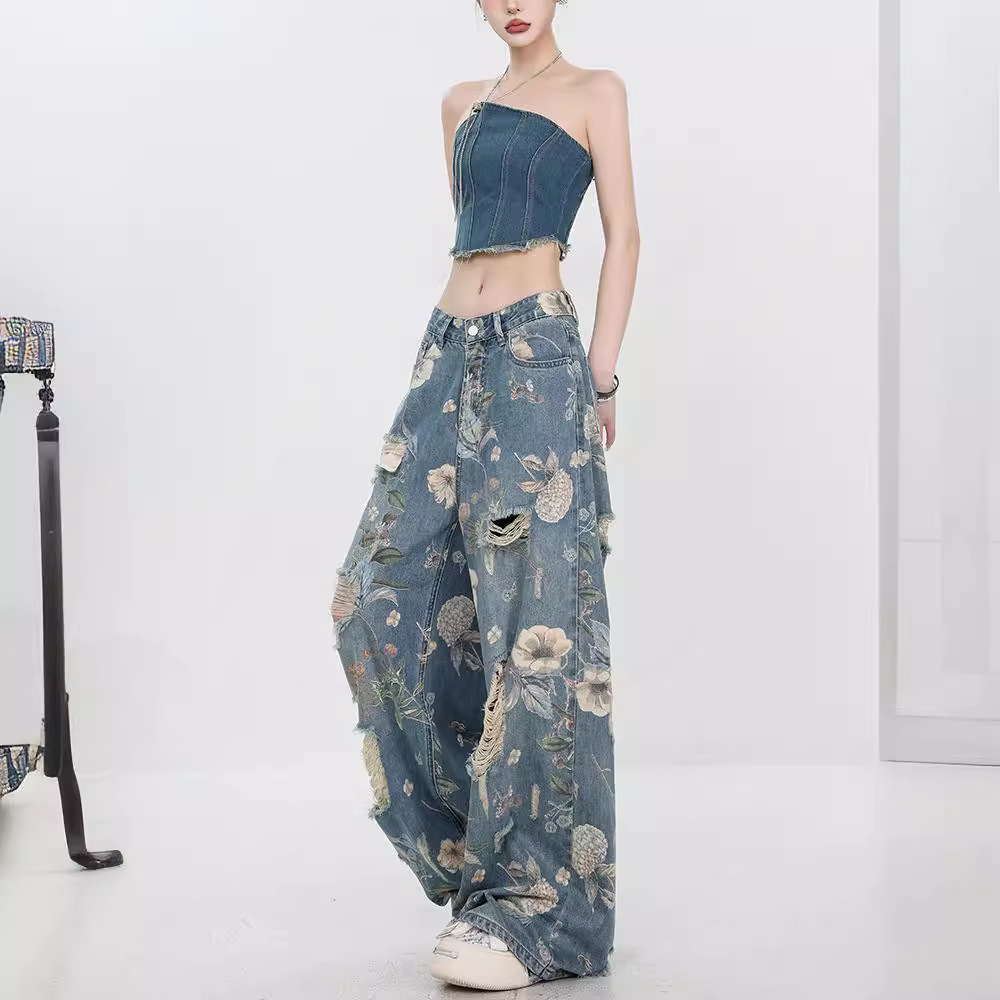 American Style Retro Printed Ripped Jeans Women's 2024 Summer New Loose Straight Long Pants with Wide Legs