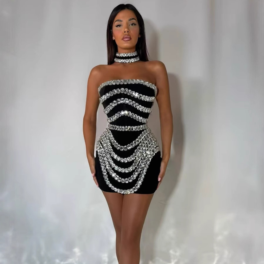 Cross-border XL rhinestone bandage skirt tight hip wrap skirt European and American banquet party dress Amazon AliExpress hot sale