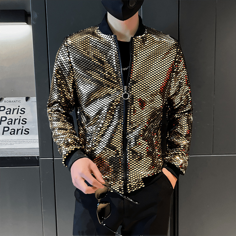 Cross-border Export Spring and Summer New Style Personalized Fashion Nightclub Trendy Men's Thin Stand Collar Jacket Gold Sequin Performance Jacket for Men