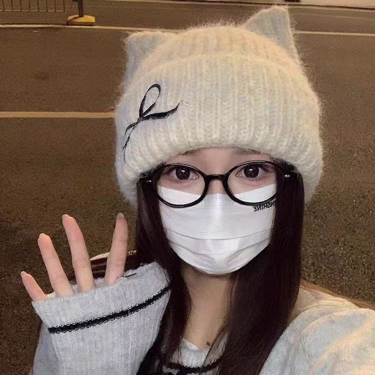 帽子女性のかわいい猫耳秋と冬の新しいニット帽子冬暖かい刺繍顔小さな防寒帽子ウール帽子|undefined