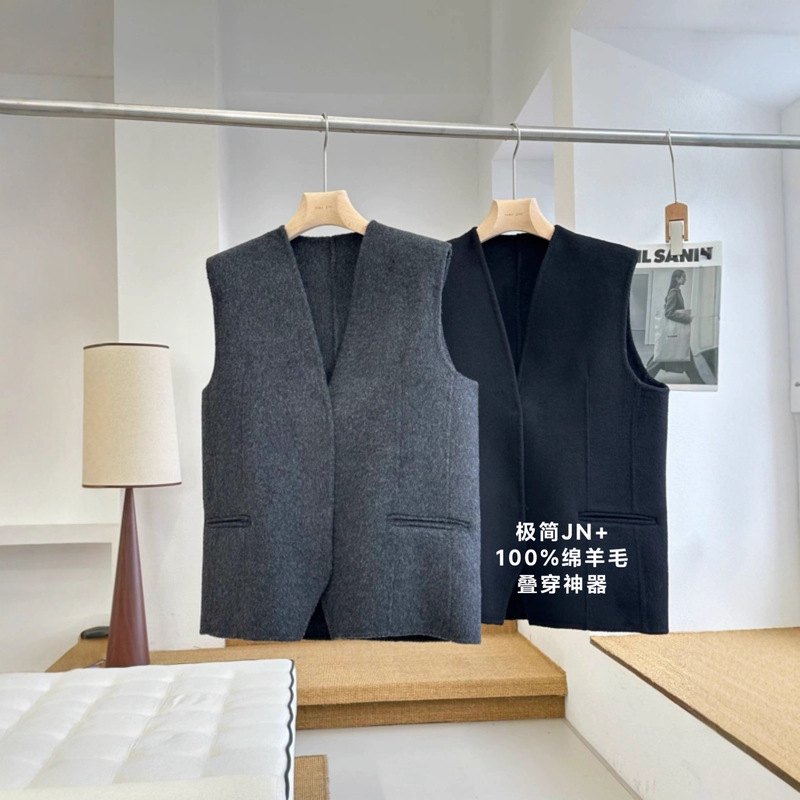 25 Autumn and Winter @Jn New Sheep Wool Double-Sided Woolen Layered V Neck Vest Coat for Women
