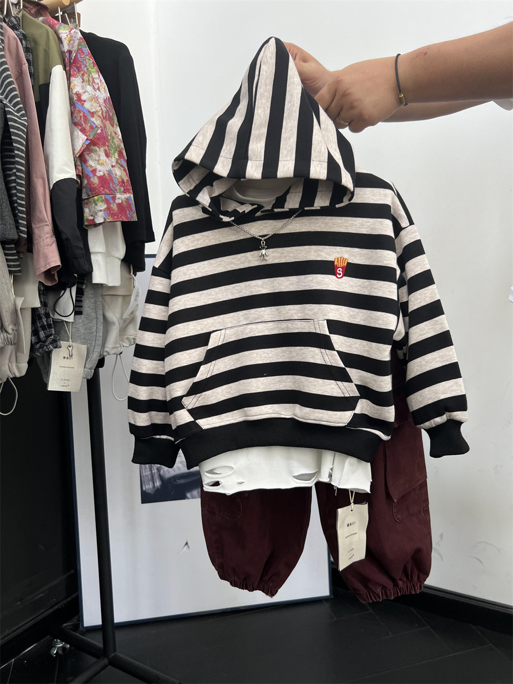 Felpa con cappuccio a righe con patatine fritte americane per bambini, per ragazzi e ragazze, stile autunnale, felpa con cappuccio a maniche lunghe_voghion.com