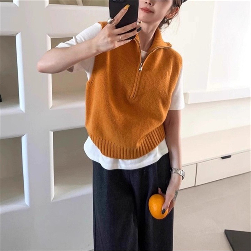复古松弛感半拉链无袖针织马甲女装叠穿洋气减龄休闲坎肩背心上衣|undefined