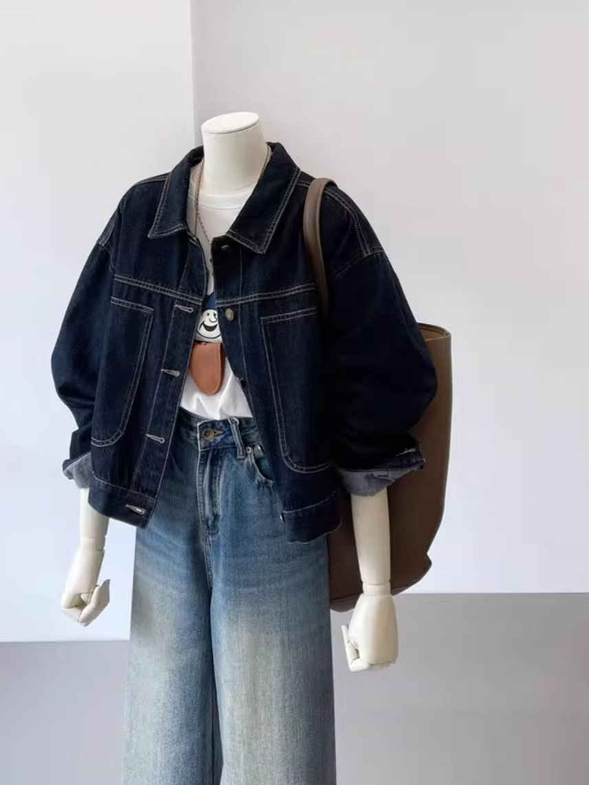 Dark blue retro denim autumn design short jacket