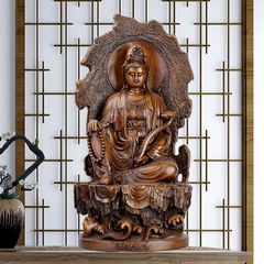 Auspicious Guanyin Buddha Statue Ornament for Home Worship, Seated on a Lotus Throne, Wood Grain Decor for Living Room, Moving In Gift