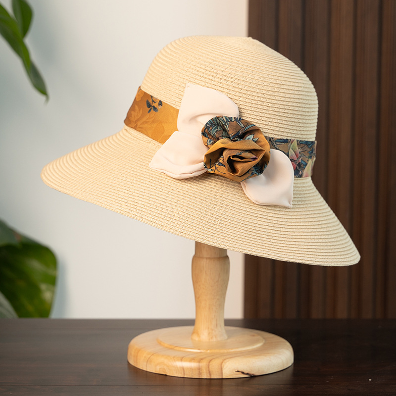 Floral Xiangyunsha Straw Hat For Women - Summer Wide Brim Sun Fisherman Hat, Foldable Beach Outdoor Luxury Style - Thumbnail 2