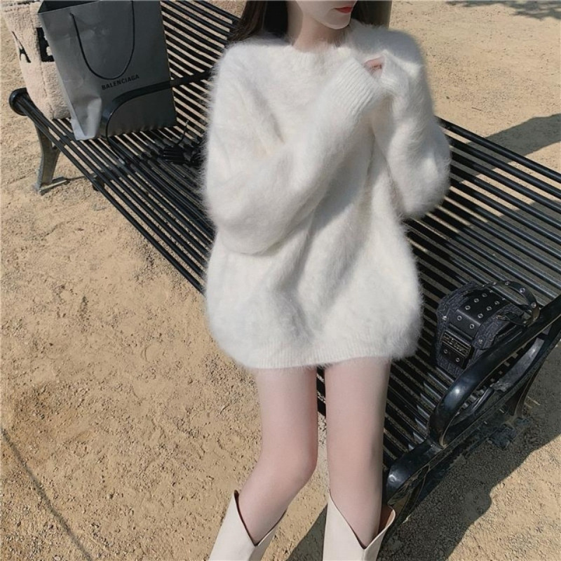 2024秋冬季新款慵懒风宽松水貂绒毛衣女中长款外穿加绒加厚针织衫