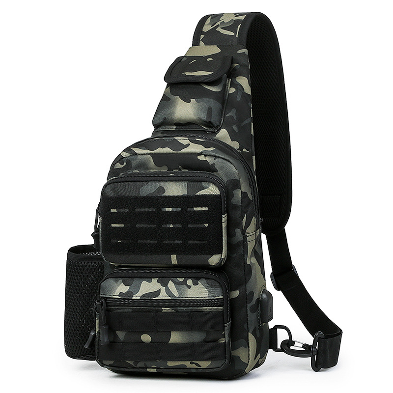 New Waterproof and Wear-Resistant Chest Bag for Men, Outdoor Sports Camouflage Crossbody Bag, Water Bottle Bag, Tactical Charging Interface Chest Bag