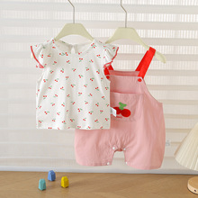 夏季甜美女婴儿小樱桃飞袖背带套套装薄款连体童装