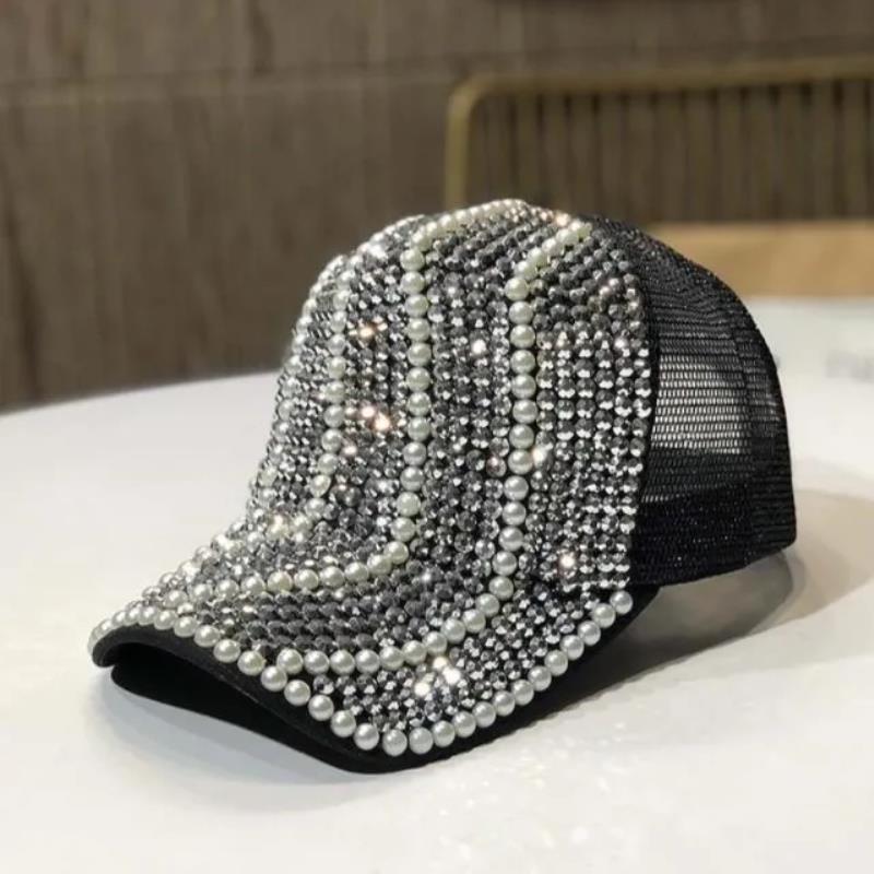 Gorra de béisbol con diamantes de imitación para mujer, estilo coreano de primavera y otoño, moda urbana, versátil, sombrero para el sol, perla de lujo ligero