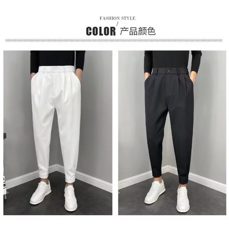 Primavera y otoño drapeado pantalones de traje flaco estilo coreano de los hombres de moda slim fit recortada pantalones casuales color sólido todo partido pantalones de traje recto
