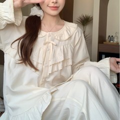 韩国ins女士秋韩版软棉甜美公主风宽松透气娃娃领重工蕾丝家居服