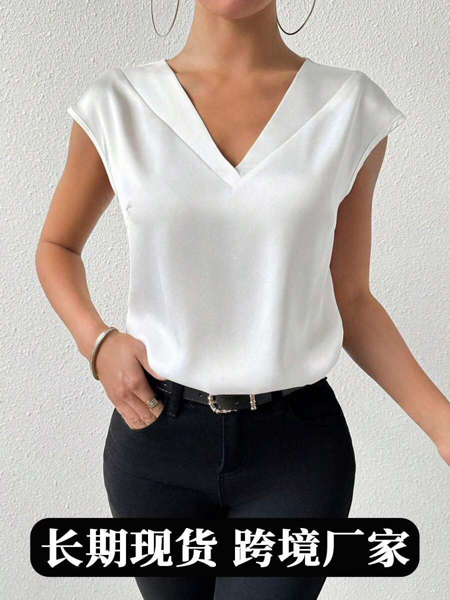 Amazon Cross-border primavera y verano nueva camisa de satén para mujer, fiesta de comercio exterior europeo y americano, camisa informal de satén de manga corta con cuello en V