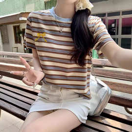 美式复古短袖t恤夏季条纹刺绣正肩修身短款圆领上衣韩版女装潮流