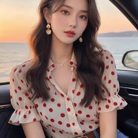 今年流行波点漂亮港风复古花衬衫百搭清凉女夏上衣气质粉色波点