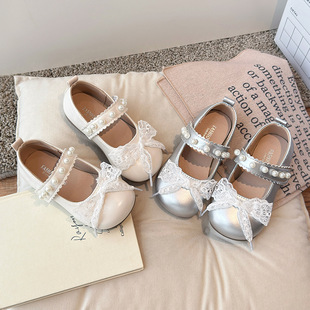 Girls Leather Shoes 2025 Spring New Lace Bow Princess Shoes Girls Zhongda Children's Shoes Student Shoes
