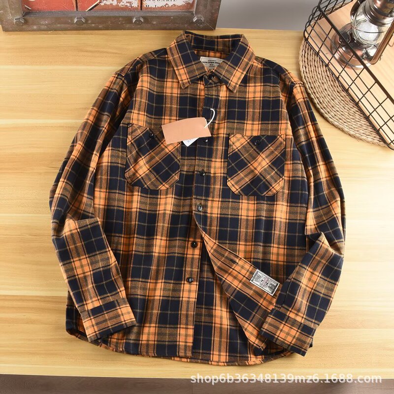 300g Heavy Sanding Hong Kong Style Retro Plaid Shirt Men's Long Sleeve Fashion Brand Joker Loose Shirt Casual Jacket