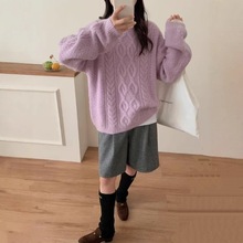 复古森系百搭圆领套头针织衫女秋冬新款慵懒风宽松外穿麻花毛衣女