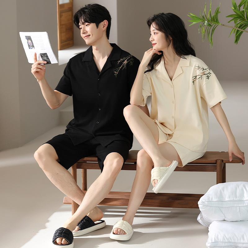 [Antibacteriano] Pijamas de pareja, cardigan fino de algodón de verano, solapa, pantalones cortos de manga corta, trajes coreanos para hombres y mujeres, servicio a domicilio