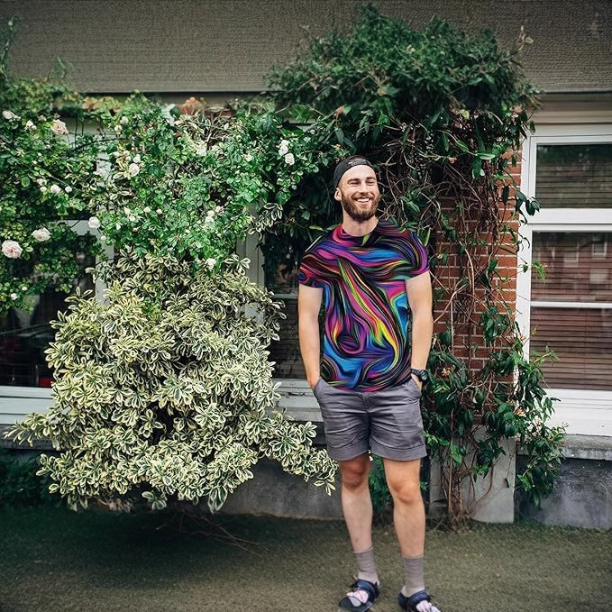 Trendy colorido geométrico halo estampado 3D para hombre moda callejera suelta malla transpirable manga corta cuello redondo camiseta