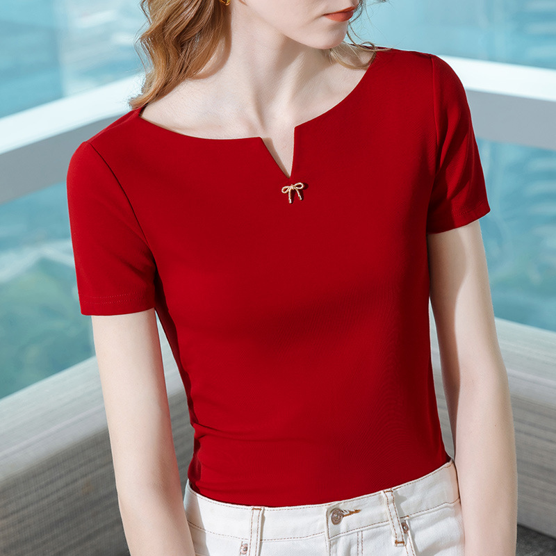 Camiseta de manga corta de las mujeres de verano 2023 nueva ropa de mujer pequeña V split fuera del hombro de algodón camiseta temperamento cintura-apretado image 2