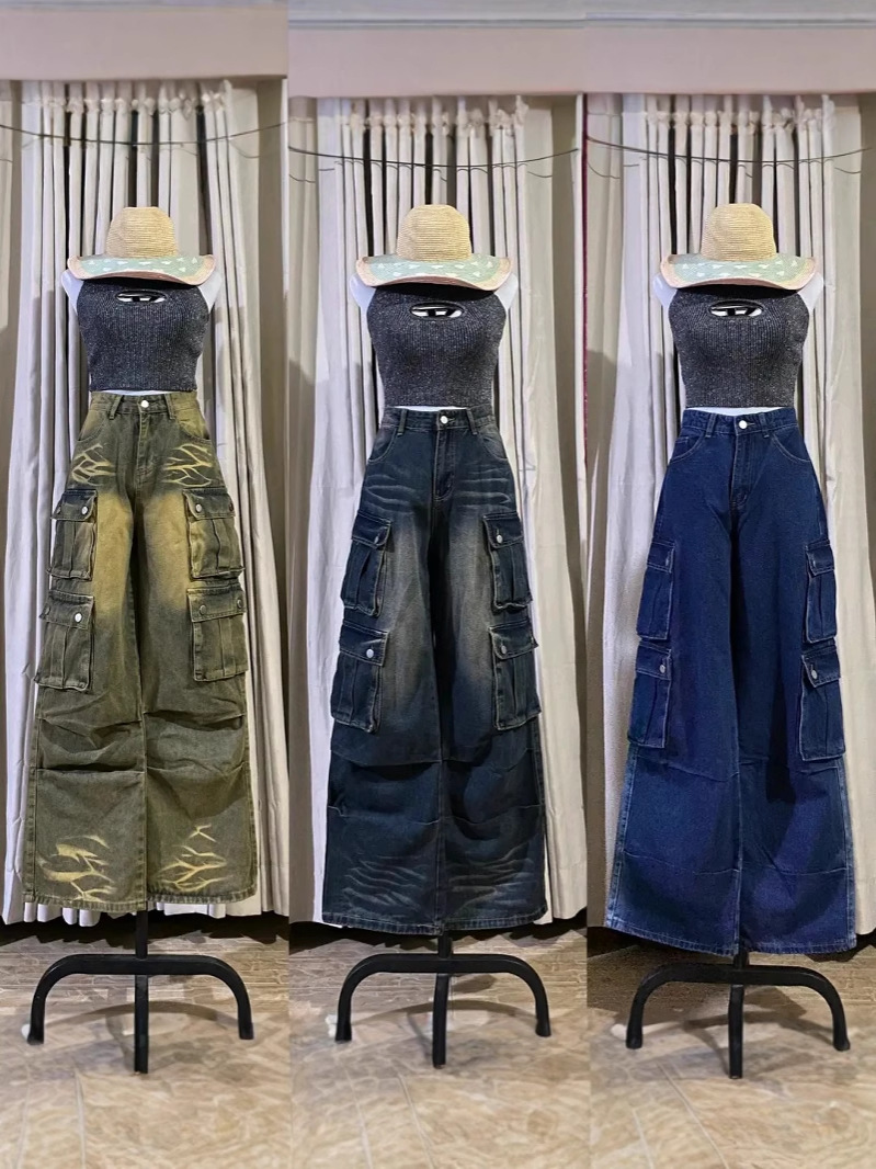 Pantalones de mezclilla para mujer, monos, pantalones de moda de piernas anchas con bolsillos múltiples, pantalones Cargo pants wholesale