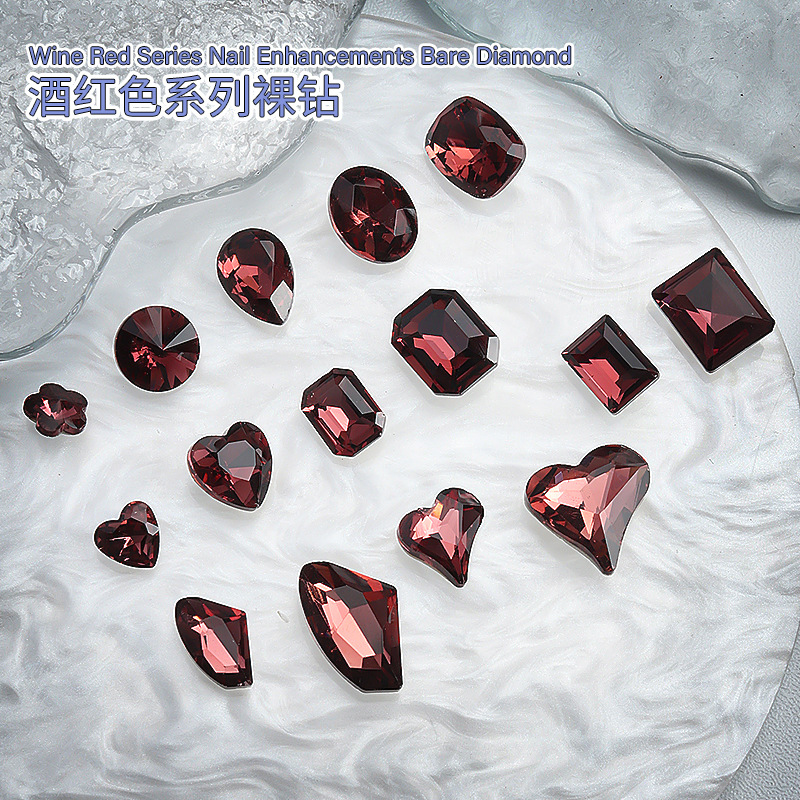 New wine red series of naked diamond high-grade crooked heart water drops love pointed bottom diamond nail art jewelry wholesale vintage accessories