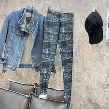 外穿打底裤显瘦牛仔色印花高腰裤欧美松紧腰女新款小脚弹力紧身裤