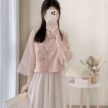 新中式国风唐装粉色连衣裙女春款2024新款小个子改良汉服套装裙子