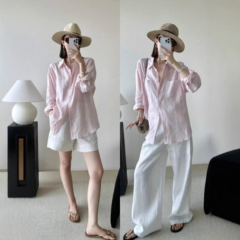 Linen Long-Sleeved Light Pink Shirt Women's Top Jacket Loose Elegant Cotton and Linen Shirt Linen Long-Sleeved Light Pink Shirt Women's Top Jacket Loose Elegant Cotton and Linen Shirt
