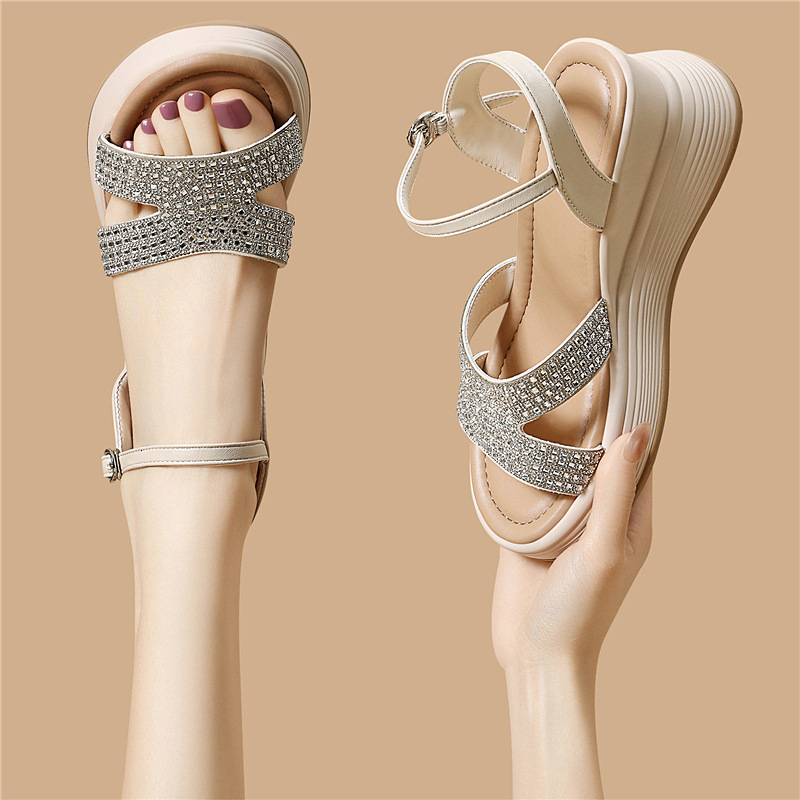 Sandal nữ đế dày đính đá quai ngang chống trượt — 6155 Da đen, 6155 Trắng chi tiết 6