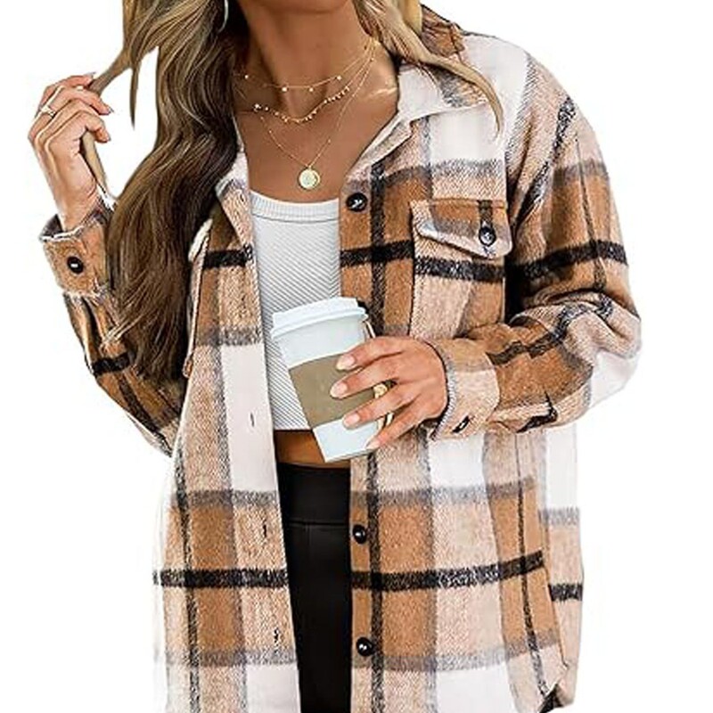 Women's Fall Outfits Fashion Clothing Shawl Flannel Plaid Button Long Sleeve Shirt Jacket