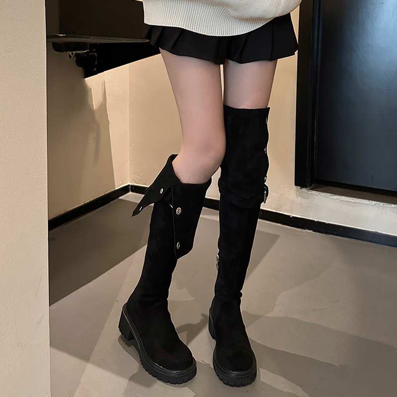 过膝复古两穿翻折厚底西部靴秋冬新款皮绒长筒靴粗跟长靴骑士靴|undefined