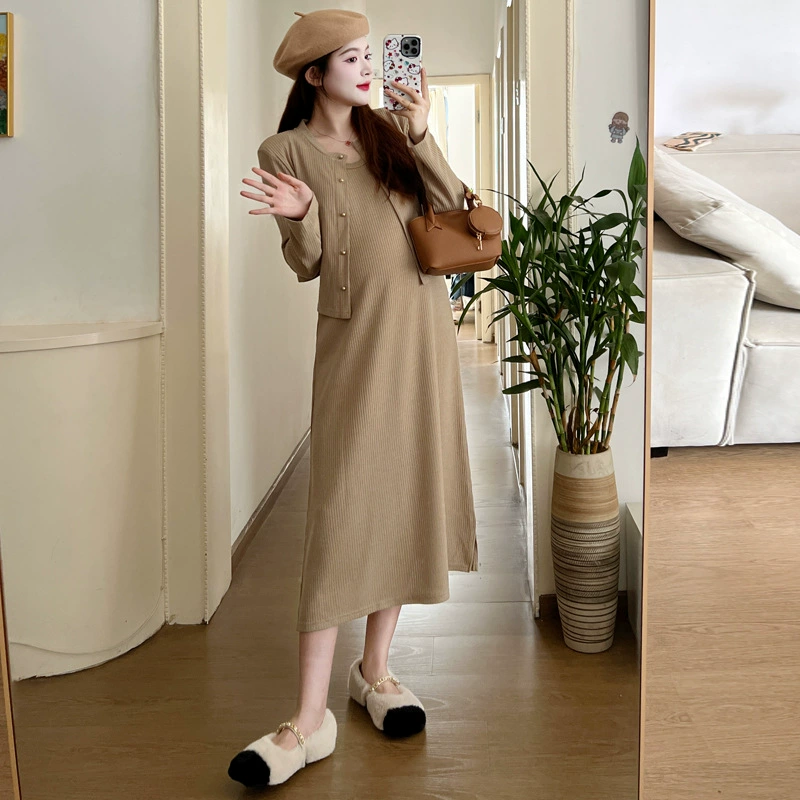 Autumn skirt for pregnant, knitted vest, sleevless dress, cardigan, set, internet celebrity