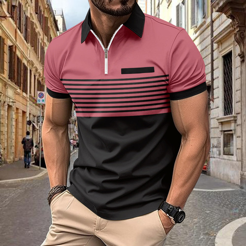 Summer New Men's 3D Printed Striped Zipper Polo Shirt Casual Trendy Polyester Short Sleeve Plus Size T-Shirt