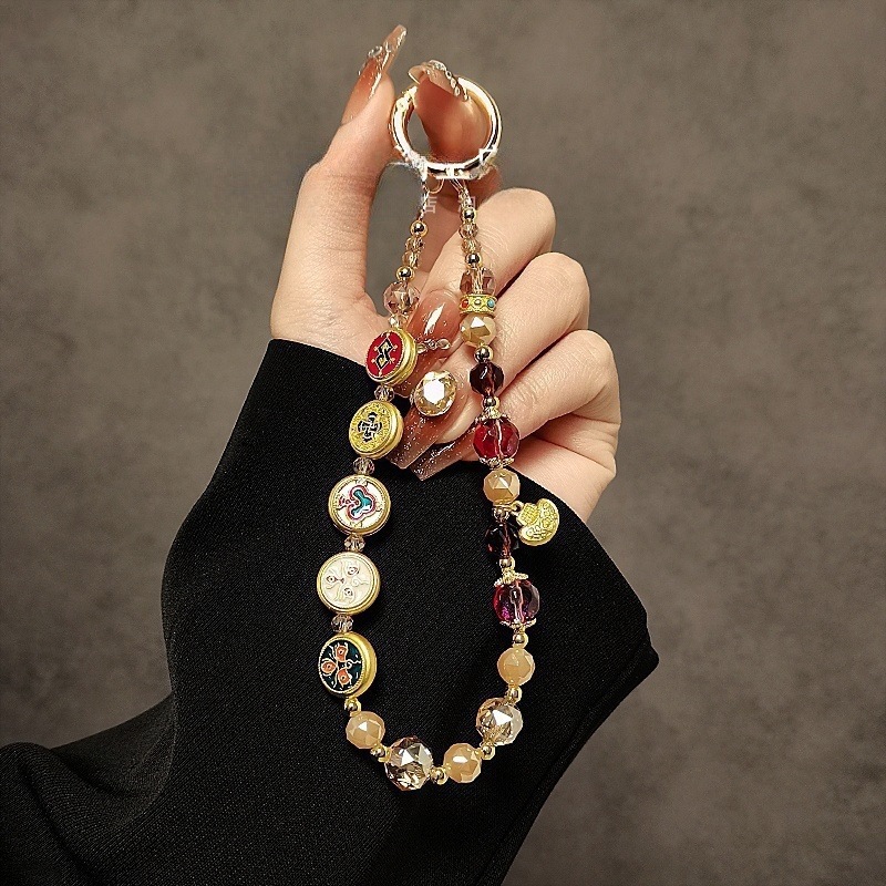 Chinese Style Gold Ingot Five Gods of Wealth Beaded Crystal Mobile Phone Chain Short Handbag Pendant Mobile Phone Rope