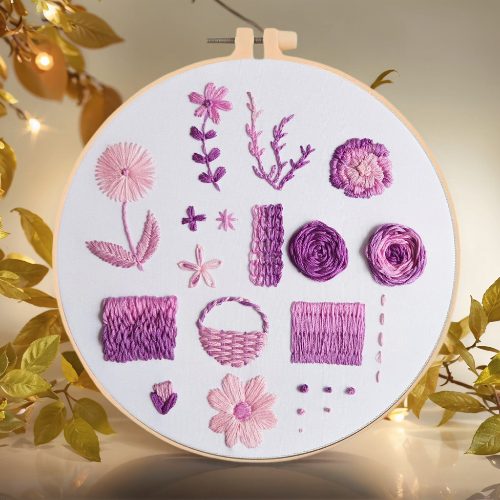 原创-跨境新品欧式刺绣diy初学者紫色花卉图案材料包英文针法外贸