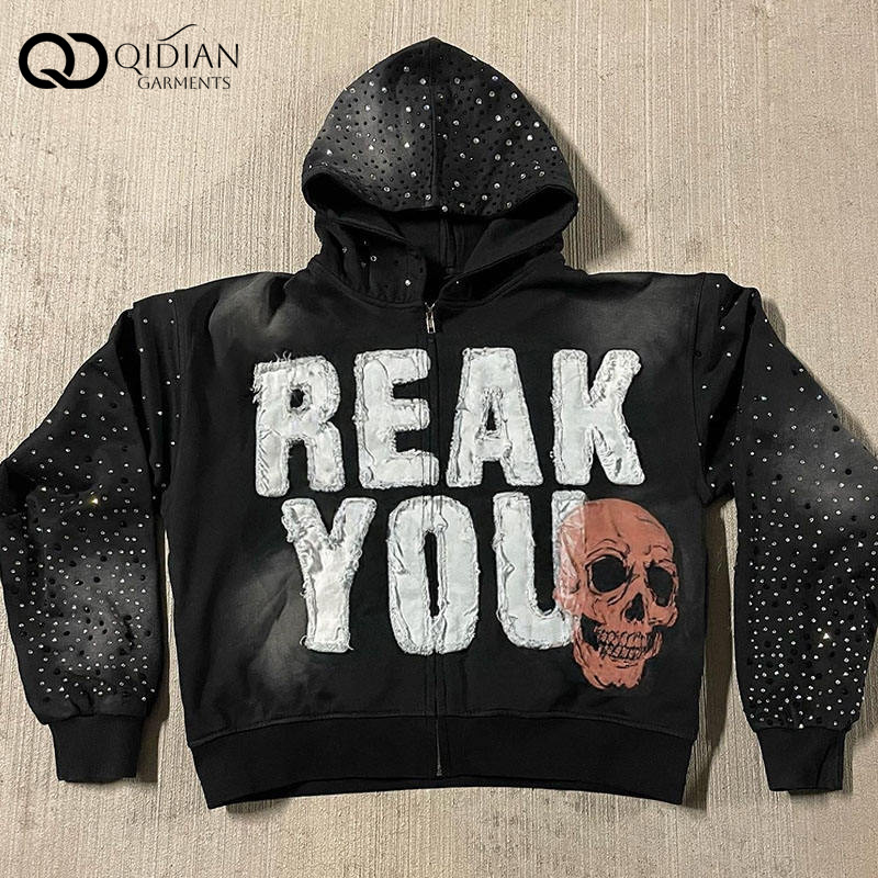 Factory Custom-Made American-Style Trendy High-Street Brand Hoodie with Skull Patch Embroidery, Rhinestone Embellishments, Vintage Wash, and Zipper for Men Factory Custom-Made American-Style Trendy High-Street Brand Hoodie with Skull Patch Embroidery, Rhinestone Embellishments, Vintage Wash, and Zipper for Men
