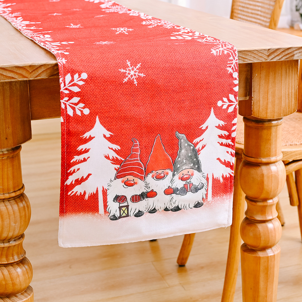Décorations de Noël pour la maison et le jardin Chemin de table en forme de flocon de neige avec un vieil homme dans la forêt, nappe pour la maison, napperon imprimé_voghion.com