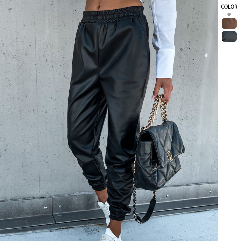 Aliexpress, comercio exterior transfronterizo, Europa y los Estados Unidos, otoño y invierno de 2025, nuevo temperamento de cintura media con bolsillo, pantalones de cuero largos casuales para mujeres.