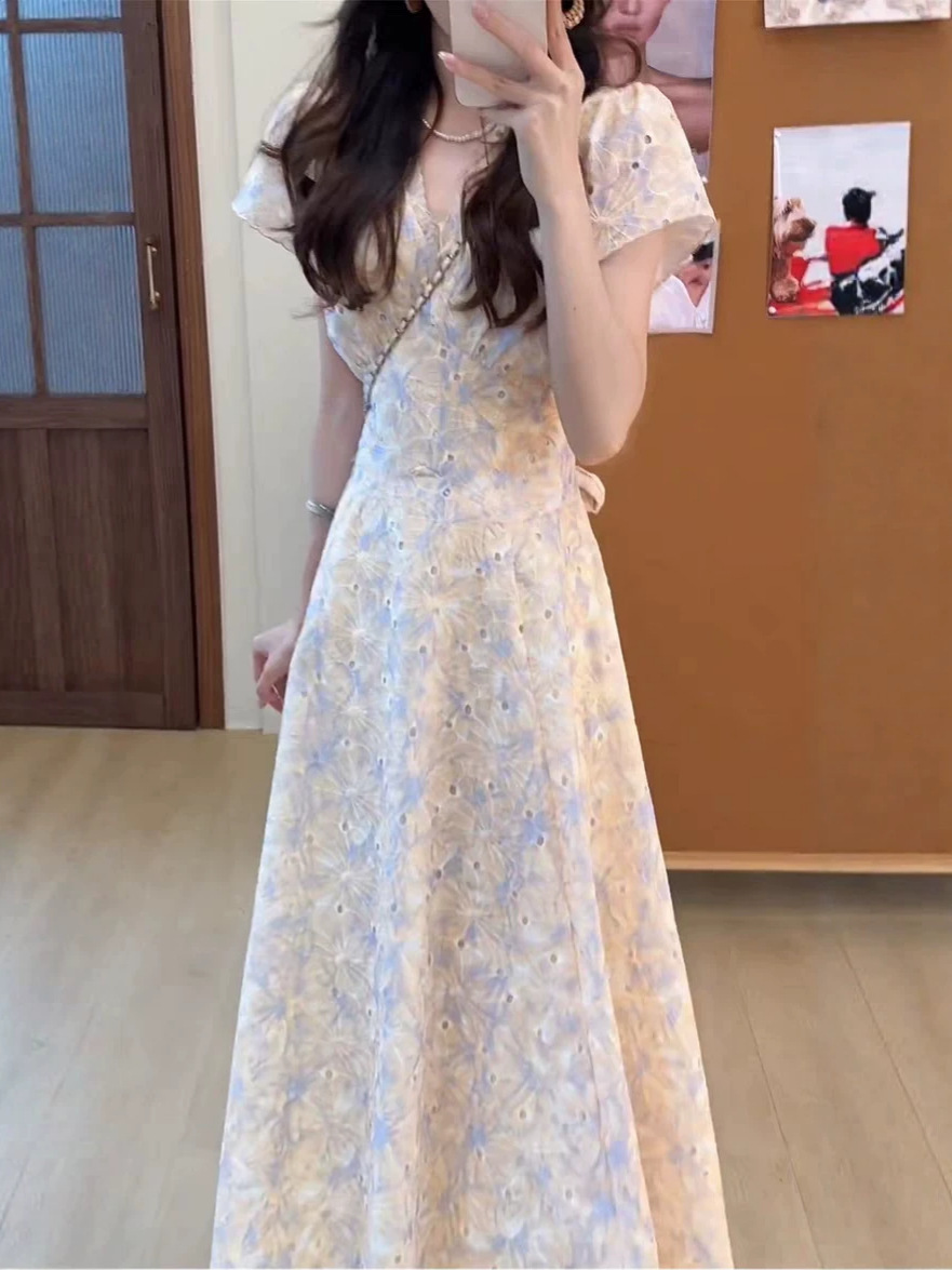 French V-Neck Floral Dress for Women, Summer 2026 New Style, Unique and Beautiful, Seaside Resort Style Long Dress